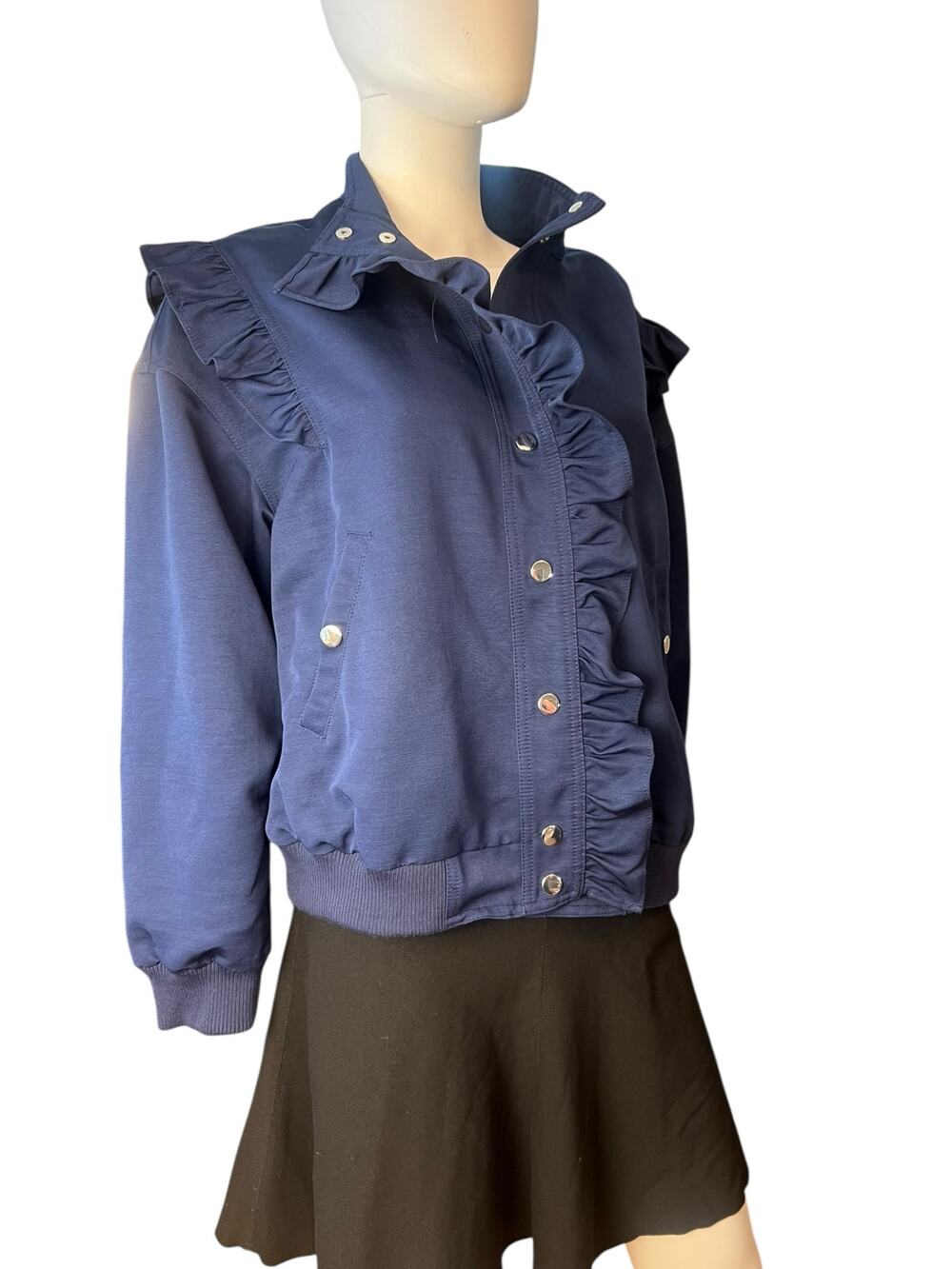 Maeve Anthropologie Navy Ruffle Button Front Bomber Jacket Size Small